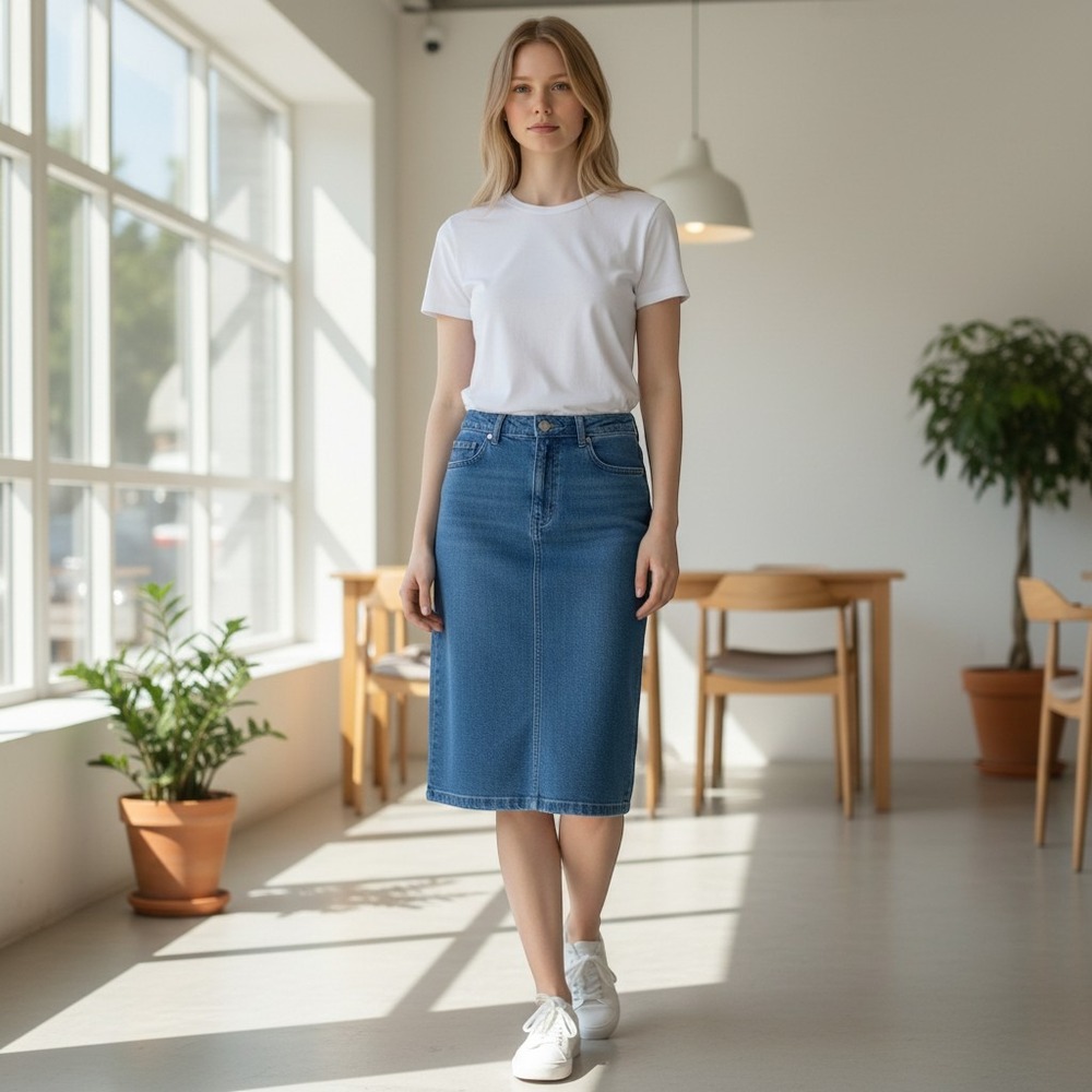 Duluth Trading Denim Midi Skirt Womens 8 Blue Straight Cotton Casual